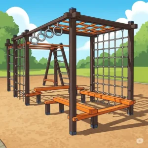 Illustration of an outdoor ninja warrior course, complete with monkey bars, balance beams, and climbing ropes, representing a challenging playsets for older kids to build strength and agility.