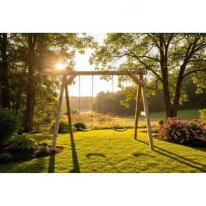 The Skyline Retreat wooden swing set perfectly integrated into a picturesque natural setting, offering a peaceful escape.