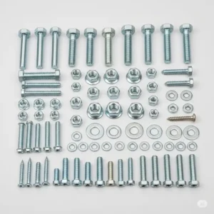 Variety of secure bolts and fasteners found in a swing set hardware kit with slide, crucial for assembly and stability.