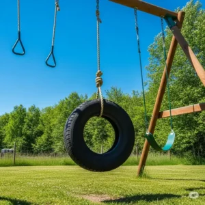 An exciting tire swing, a popular addition to swing sets for older kids, offering spinning and swinging fun for older children.