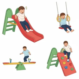 "Graphic showing a toddler interacting with different elements of a playset, illustrating how toddler playsets promote motor skills and balance development."