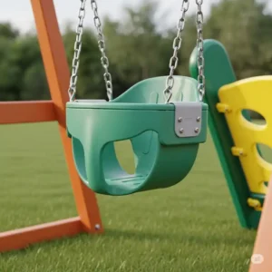 Close-up of a secure, bucket-style swing designed for toddlers on a sturdy outdoor playset, emphasizing safety and design.