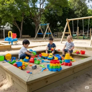 A sturdy wooden sandbox filled with toys, providing sensory play opportunities within toddler outdoor play equipment.