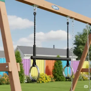 An adult-grade trapeze bar with attached rings, providing a fun and challenging accessory for a swing set.