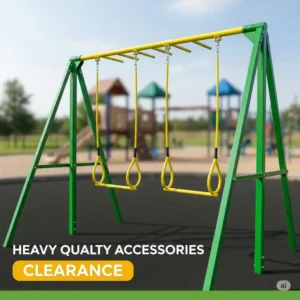 Heavy-duty green trapeze bar with yellow gymnastic rings, ideal for active play, offered at reduced prices during the swing set accessories clearance.