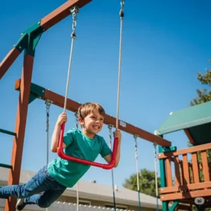 A child gripping a red trapeze bar attached to a swing set, demonstrating a dynamic swing set add on idea for acrobatic play.