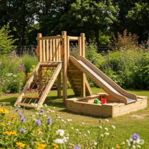 A durable wooden small playground set, ideal for natural play, blending seamlessly into a garden or park setting.
