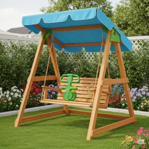 A charming wooden small backyard swing set with a built-in canopy for sun protection, fitting snugly into a small yard.