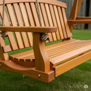 "Close-up of the elegant design and craftsmanship of a durable wooden swing for backyard, highlighting its suitability for any backyard aesthetic."