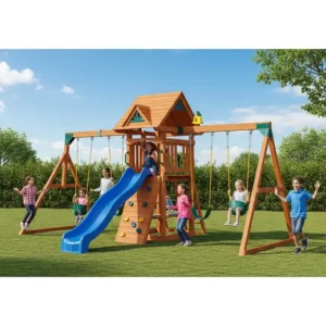 A big wooden swing set with an attached slide, offering multiple play options for kids.
