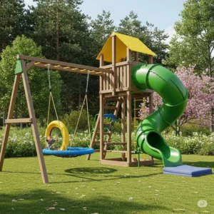 Adventure-themed outdoor playset with a unique tire swing, monkey bars, and a spiral slide.