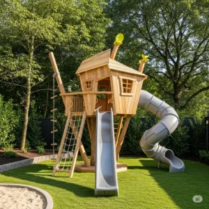 Unique treehouse-style playset with rope ladder and lookout, providing an adventurous experience for kids.