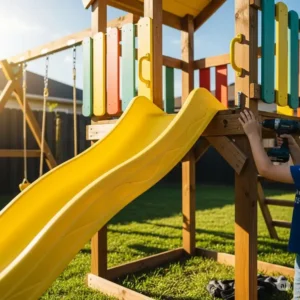 Attaching a yellow slide to a homemade diy outdoor playset structure.