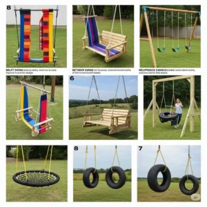 "Visual guide showcasing various swing types that can be incorporated into DIY swing set designs, such as belt swings, glider swings, and tire swings." diy swing set designs