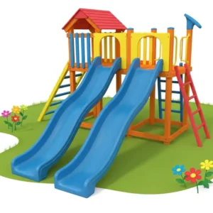 Illustration showcasing a playset with two parallel playset slides, ideal for siblings or friends to slide down together.