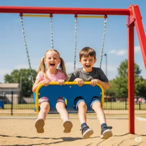 Two children laughing while riding a back-to-back glider swing, a popular swing set add on for cooperative and gentle swinging.