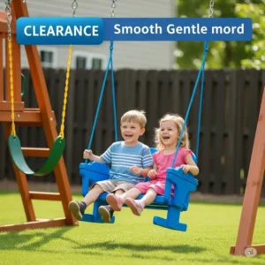 Two children enjoying a blue glider swing, designed for cooperative play and smooth motion, now on clearance for your swing set accessories clearance.