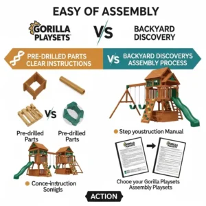 Infographic showing the ease of assembly for Gorilla vs Backyard Discovery, with pre-drilled parts and clear instructions.
