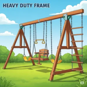 An illustration highlighting the heavy-duty frame and durable components of a big wooden swing set.