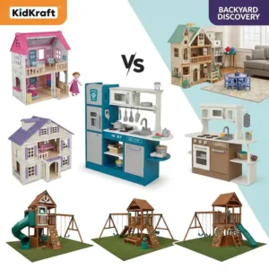 Illustration showcasing various KidKraft products, including dollhouses, play kitchens, and swing sets, to demonstrate its broader indoor/outdoor range compared to Backyard Discovery.