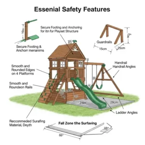 "Diagram highlighting important safety features in diy outdoor playset plans, ensuring child protection"