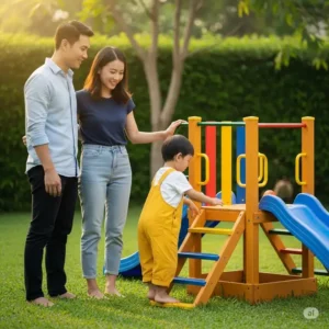 Parents observing their child playing safely on a toddler outdoor playset in a backyard setting, illustrating family time and supervision.