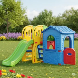 A colorful plastic small playground set, lightweight and easy to assemble, perfect for toddlers and preschoolers.