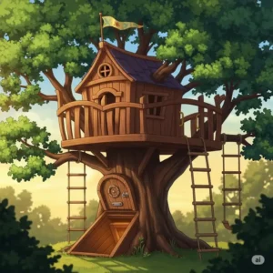 A whimsical illustration of a custom-built treehouse playset, featuring a secret trapdoor and a rope ladder, providing an imaginative retreat for older kids.