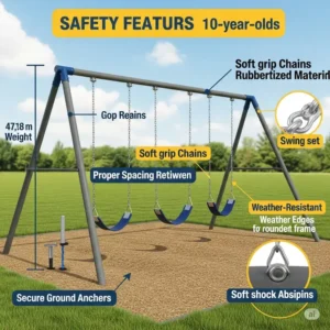 Detailed illustration highlighting safety features of a swing set, such as secure ground anchors, soft grip chains, and proper spacing, ensuring safe play for 10-year-olds.
