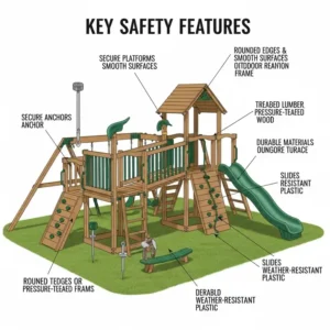 Diagram or illustration highlighting key safety features of DIY outdoor playsets, such as secure anchors, rounded edges, and durable materials.