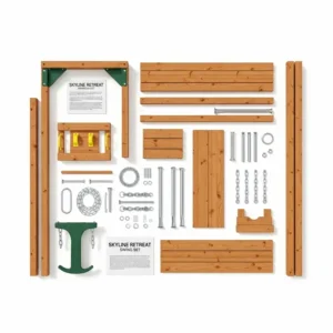 All components of the Skyline Retreat wooden swing set laid out, showcasing the complete kit for easy assembly.