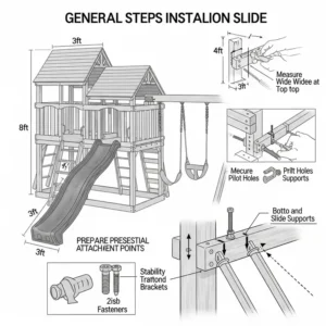 Illustration showing general steps and considerations for installing a slide on a wooden swing set, including approximate dimensions and attachment points.