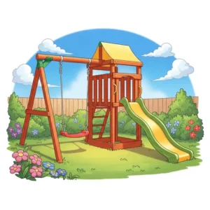 An illustration of a small backyard swing set that includes both a swing and a compact slide, maximizing fun in a tight space.