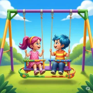 A colorful illustration of a two-person glider swing, one of the many fun swing set accessories, showing two children working together.