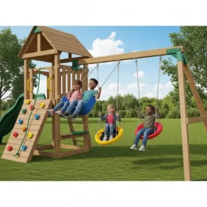 An illustration featuring older kids enjoying a unique glider swing and disc swings on a playset designed for their age group.