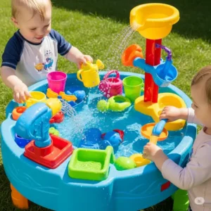 A brightly colored water table with various accessories, promoting imaginative and engaging toddler outdoor play equipment fun.