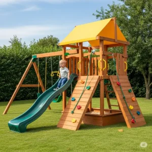 A durable and aesthetically pleasing wooden playset, highlighting natural materials often found in the best playsets for toddlers.