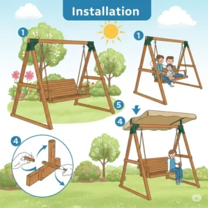 "Illustration demonstrating the easy installation process of a high-quality wooden swing for backyard, perfect for your backyard space."