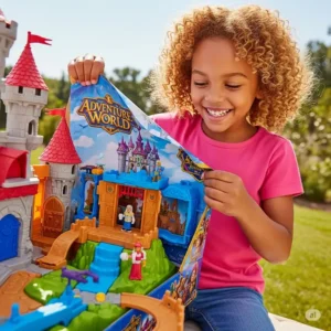 Child's joyful reaction while unboxing a new adventure world playset, ready for discovery.
