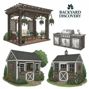 Illustration featuring unique Backyard Discovery outdoor structures like pergolas, sheds, and outdoor kitchens, highlighting their specialization beyond traditional playsets.