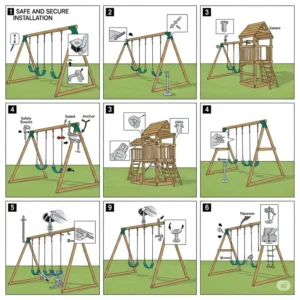 Diagram illustrating the safe and secure installation process for a big wooden swing set.