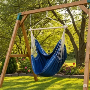 A spacious and comfortable fabric hammock swing, suspended from a swing set frame, ideal for adults to relax outdoors.