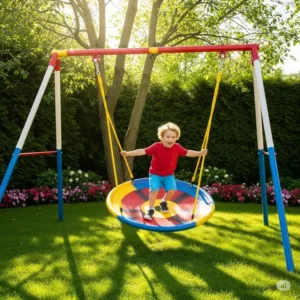 "An energetic child spinning and balancing on a colorful disc swing kits, part of a backyard playground setup."
