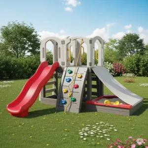 "A depiction of a sturdy, weather-resistant toddler playset made from high-quality, durable plastic, built to last for years of outdoor fun."