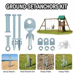 Ground anchors for swing sets, included in the swing set hardware kit with slide to enhance stability and safety on various terrains.