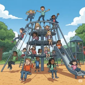 Vibrant illustration showing a group of diverse 10-year-olds enjoying various activities on a large swing set, emphasizing social play and fun.