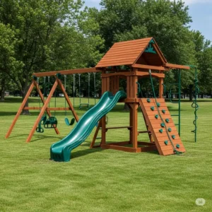 A comprehensive swing set for older kids, combining swings with a challenging slide and climbing wall for extended play.