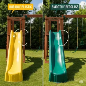 Visual comparison highlighting the differences between durable plastic and smooth fiberglass slides, both popular options for wooden swing sets.