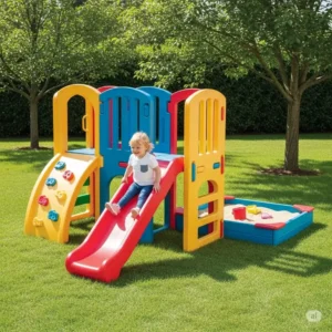 A vibrant, brightly colored plastic playset, showcasing a popular and easy-to-clean option among toddler playsets.