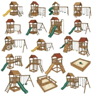 "Various design options for DIY outdoor playsets, providing inspiration for customizable diy outdoor playset plans"